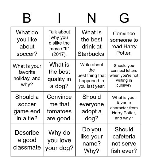 Writing Bingo Card