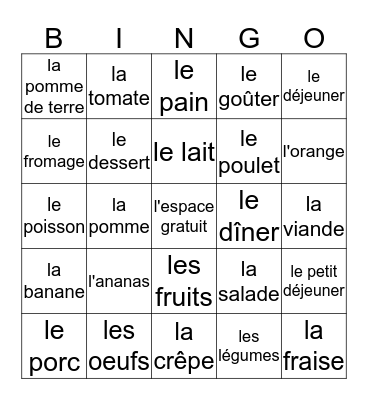 La Nourriture Bingo Card