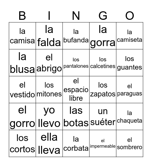 La ropa Bingo Card