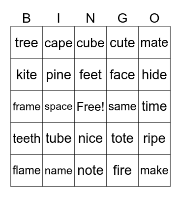 Long Vowel Bingo Card