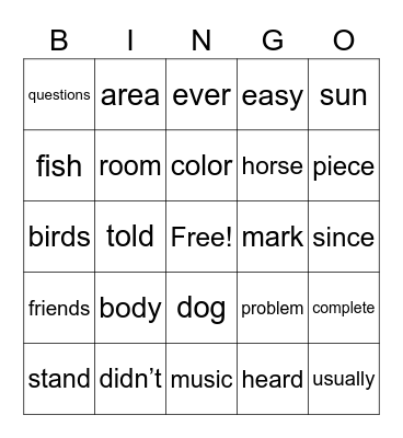 Third Grade Sight Words Bingo Card