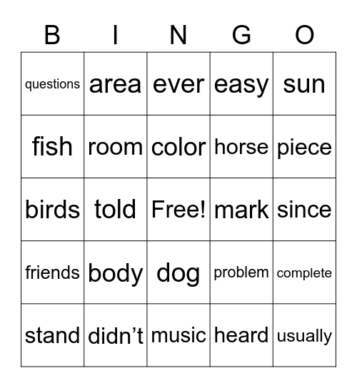 Third Grade Sight Words Bingo Card