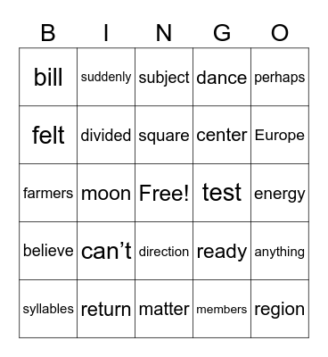 Fifth Grade Sight Words Bingo Card