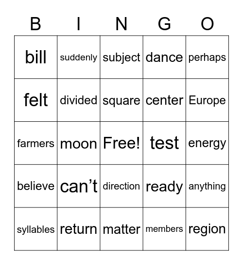 Fifth Grade Sight Words Bingo Card