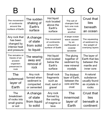 Earth Science Definitions Bingo Card
