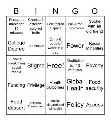 Health Disparities Bingo Card