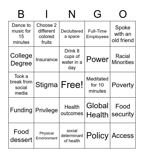 Health Disparities Bingo Card