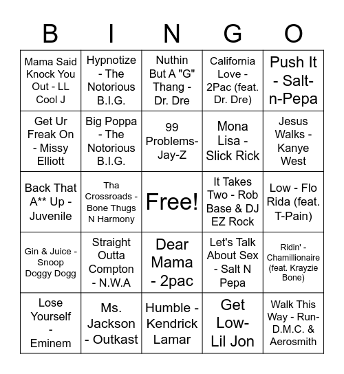 Hip-Hop Bingo Card