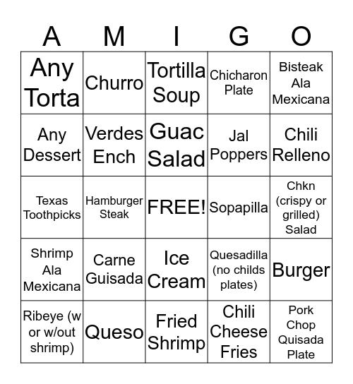 AMIGO BINGO Card