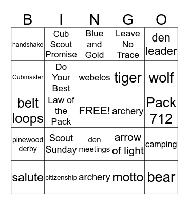 Cub Scout BINGO Card