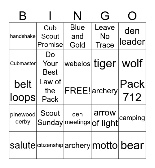 Cub Scout BINGO Card