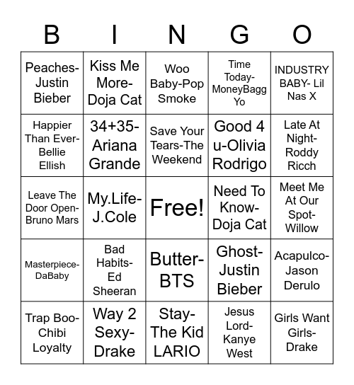2021 SONGS Bingo Card