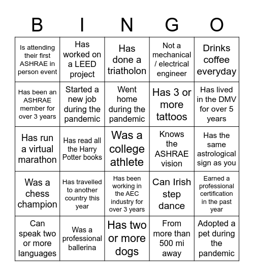 YEA/WiA Fall Social Bingo Card