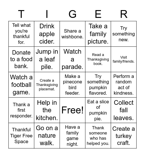 Thankful Tiger Bingo Card