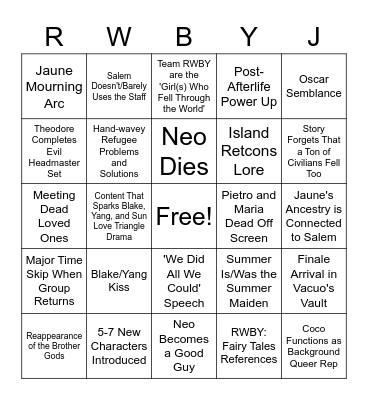 RWBY Volume 9 Bingo Card