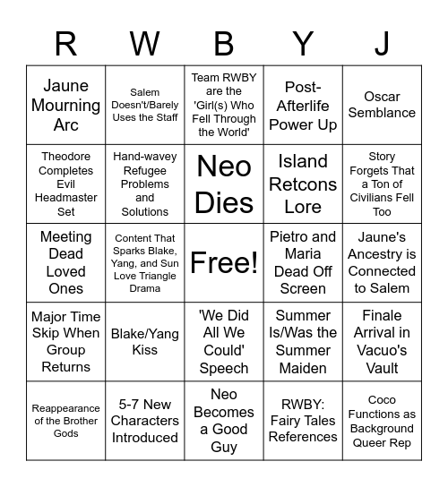 RWBY Volume 9 Bingo Card