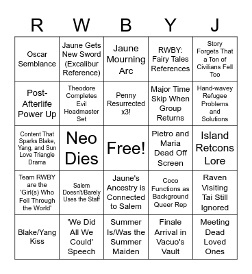 RWBY Volume 9 Bingo Card