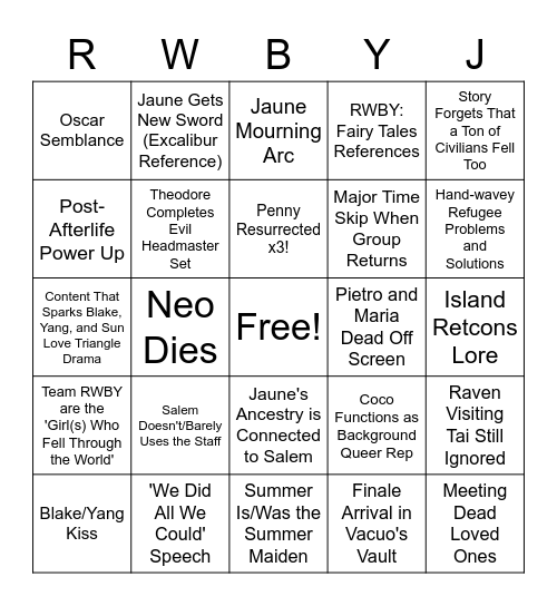 RWBY Volume 9 Bingo Card