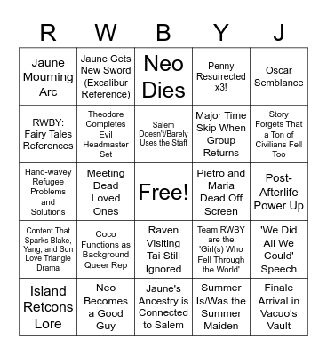 RWBY Volume 9 Bingo Card