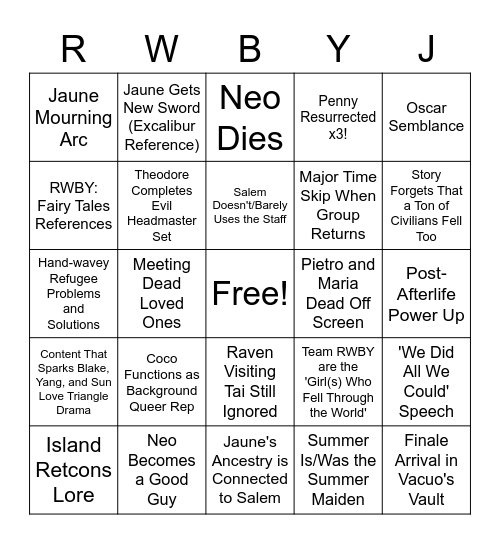 RWBY Volume 9 Bingo Card