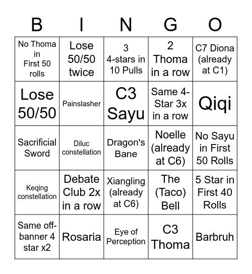 Hu Tao C1 or Bust Bingo Card