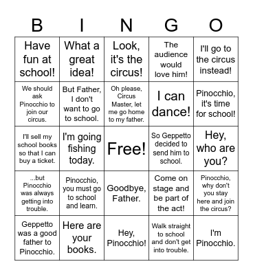 Pinocchio Bingo Card
