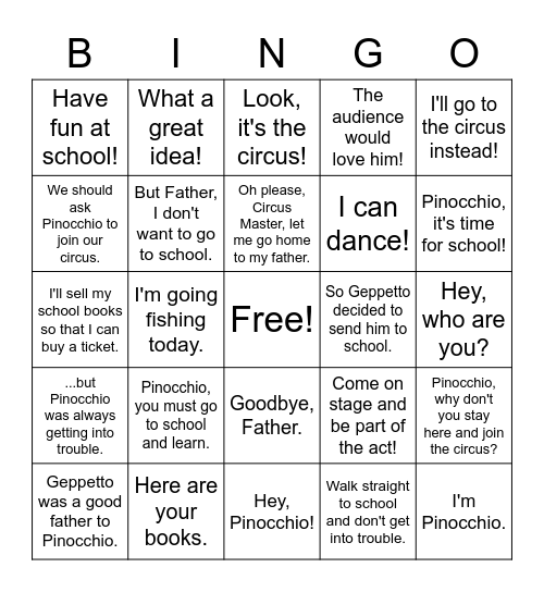 Pinocchio Bingo Card