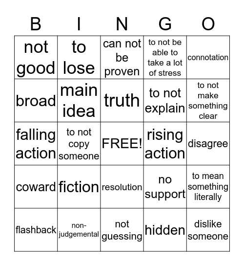 Language Arts Vocabulary Bingo Card