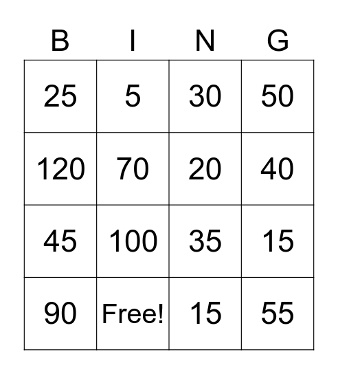5x and 10x Table Bingo Card