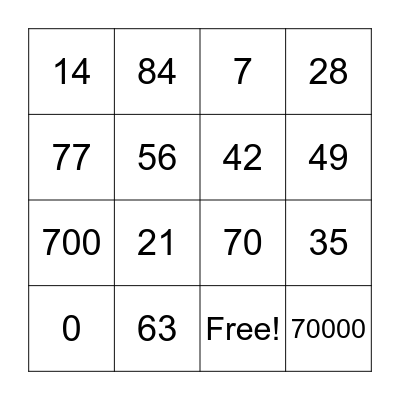 7 Times Table Bingo Card