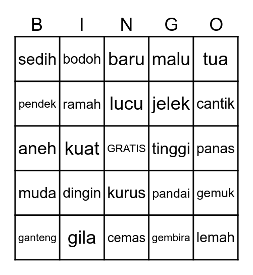 Kata Sifat Bingo! Bingo Card