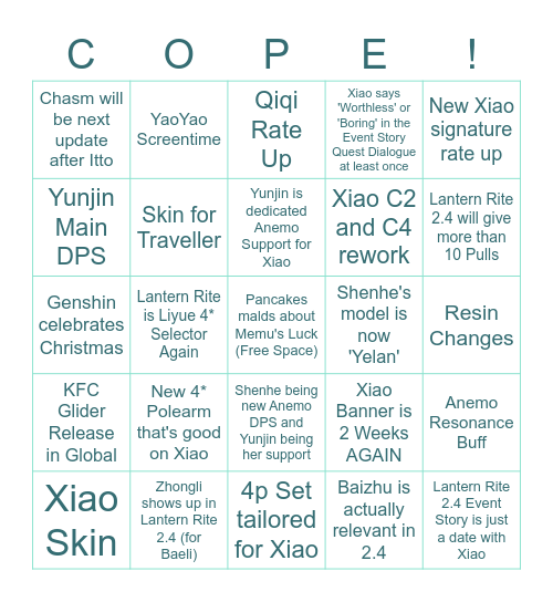 Xiao Mains Copium Leaks Bingo Card