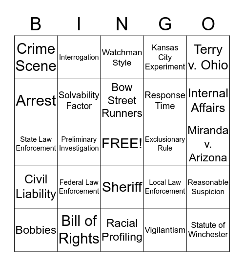 Criminal Justice Bingo Card