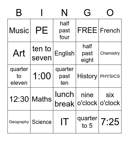 Subjects and Time Bingo Card