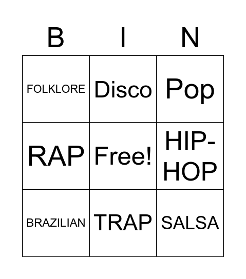 Music Genres Bingo Card