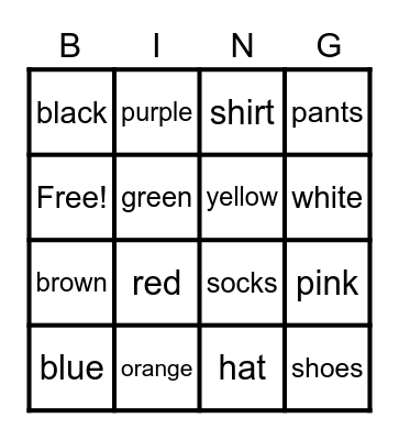 Colors and Clothing Bingo Card