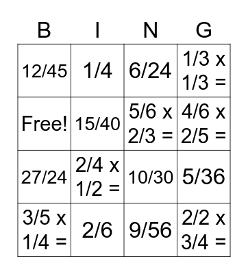 Fraction Multiplication Bingo Card