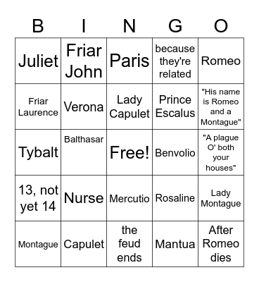 Romeo and Juliet Bingo Card