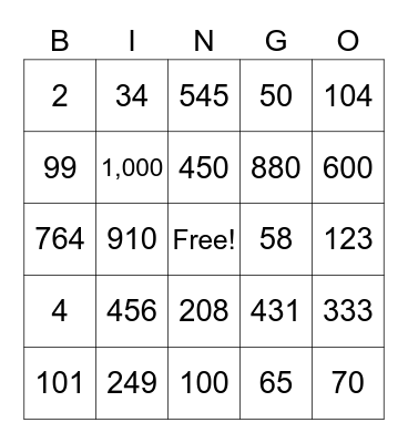 Number Bingo Card