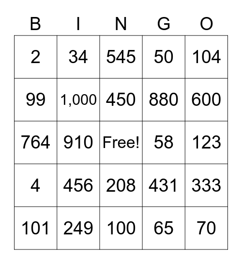 Number Bingo Card