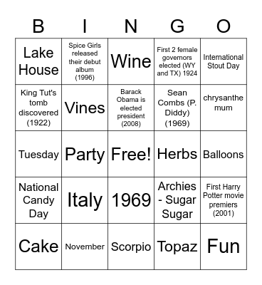 November 4th Birthday Bingo Card