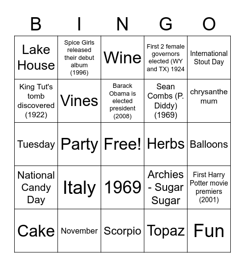 November 4th Birthday Bingo Card