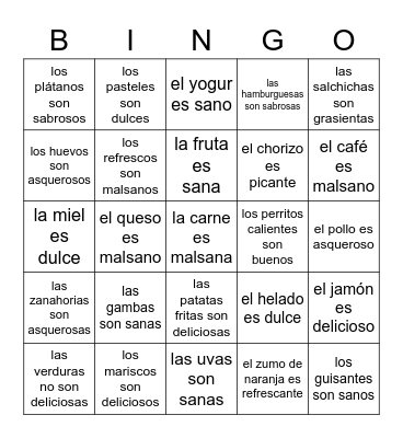 La comida and adjectives Bingo Card