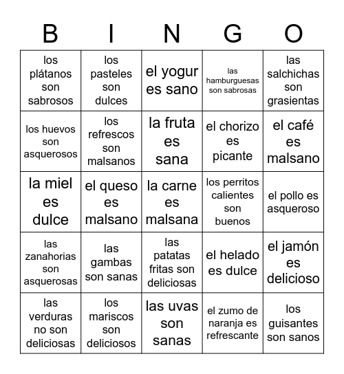 La comida and adjectives Bingo Card