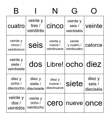 Spanish Numbers 0-30 Bingo Card