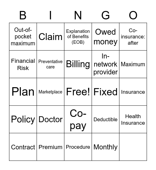 Health Insurance Bingo Card