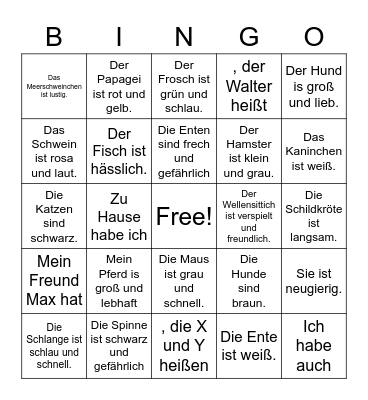German Pets and adjectives Bingo Card