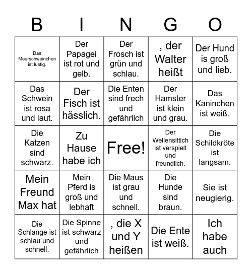 German Pets and adjectives Bingo Card