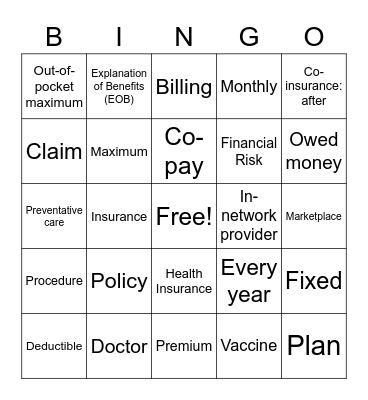 Health Insurance Bingo Card