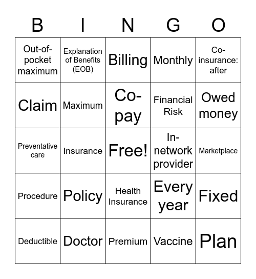 Health Insurance Bingo Card